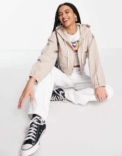 cropped hooded zip up jacket in sand ASOS