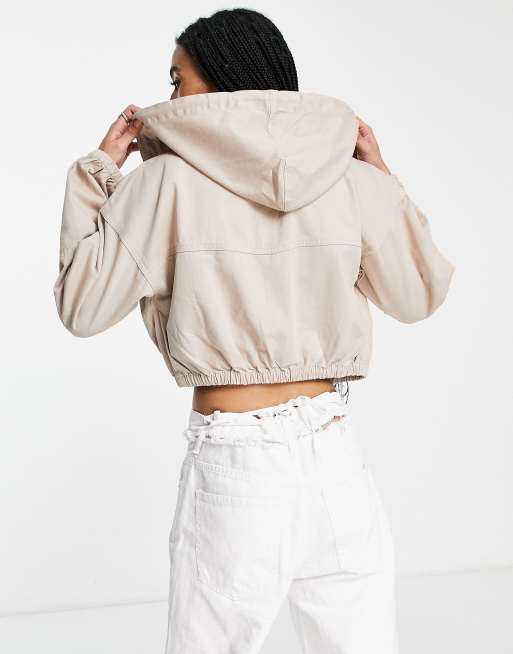 Topshop cropped hooded zip up jacket in sand