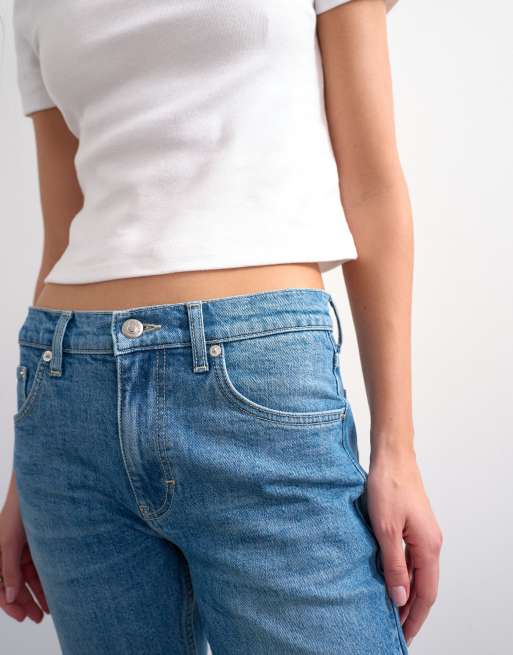 Topshop cropped kick flare jeans in mid blue, 3 of 7