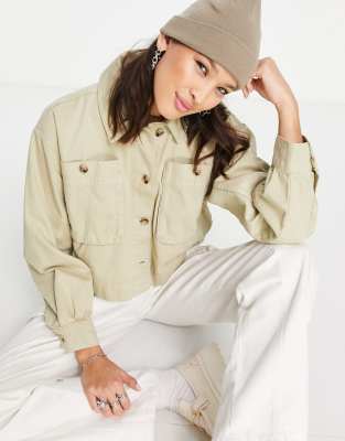 Topshop cropped lightweight shacket with front button pockets in sage - ASOS Price Checker