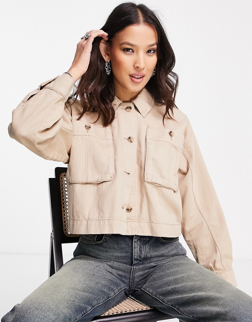Topshop cropped lightweight shacket with front button pockets in stone-Neutral