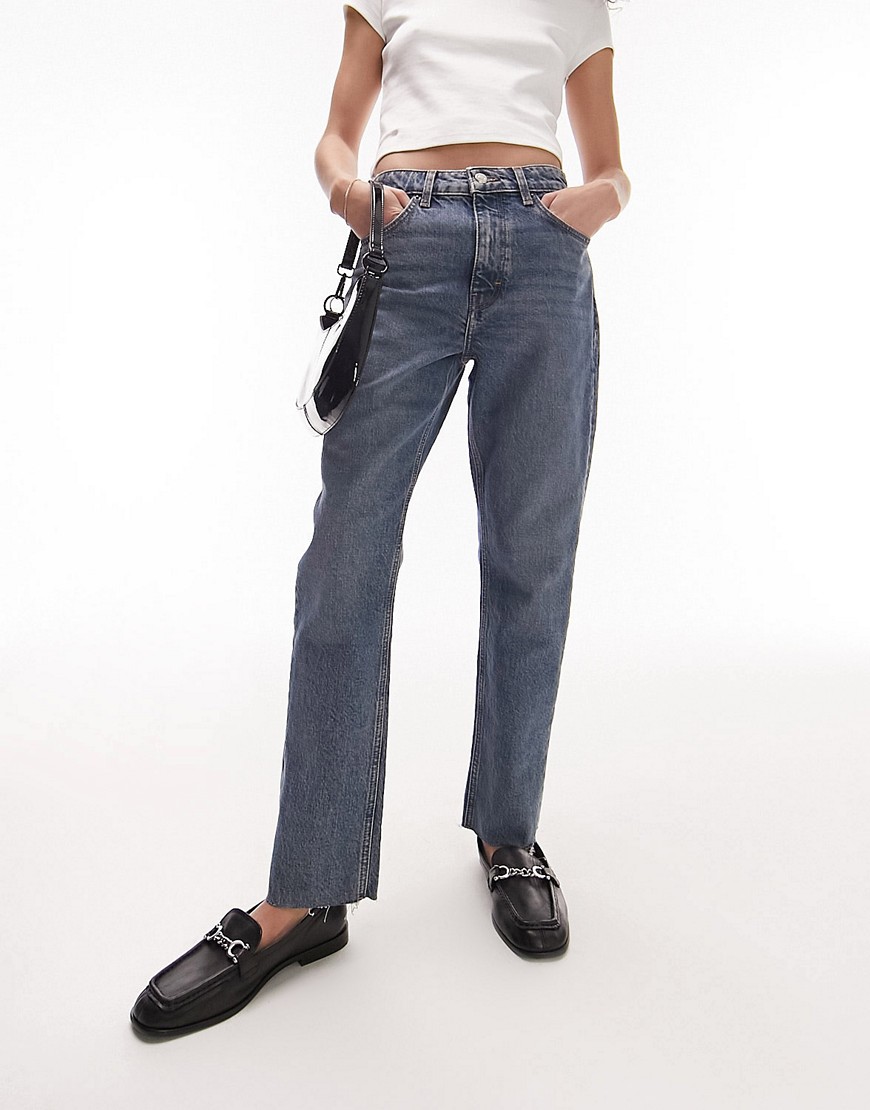 Topshop cropped mid rise easy straight jeans with raw hems in sea blue