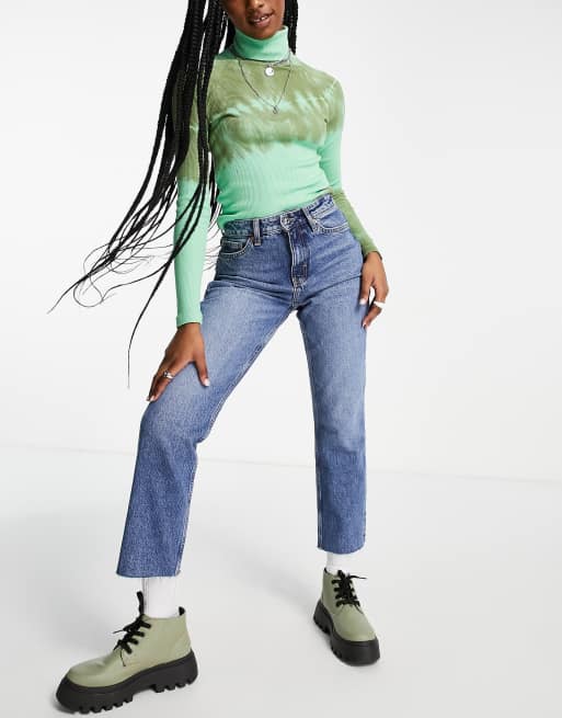 Topshop cropped mid rise easy with raw hems straight jeans in mid blue