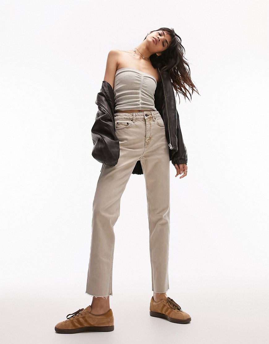 Topshop cropped mid rise straight jeans in sand-Neutral