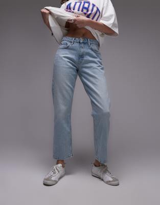 cropped mid rise straight jeans in summer bleach-Blue