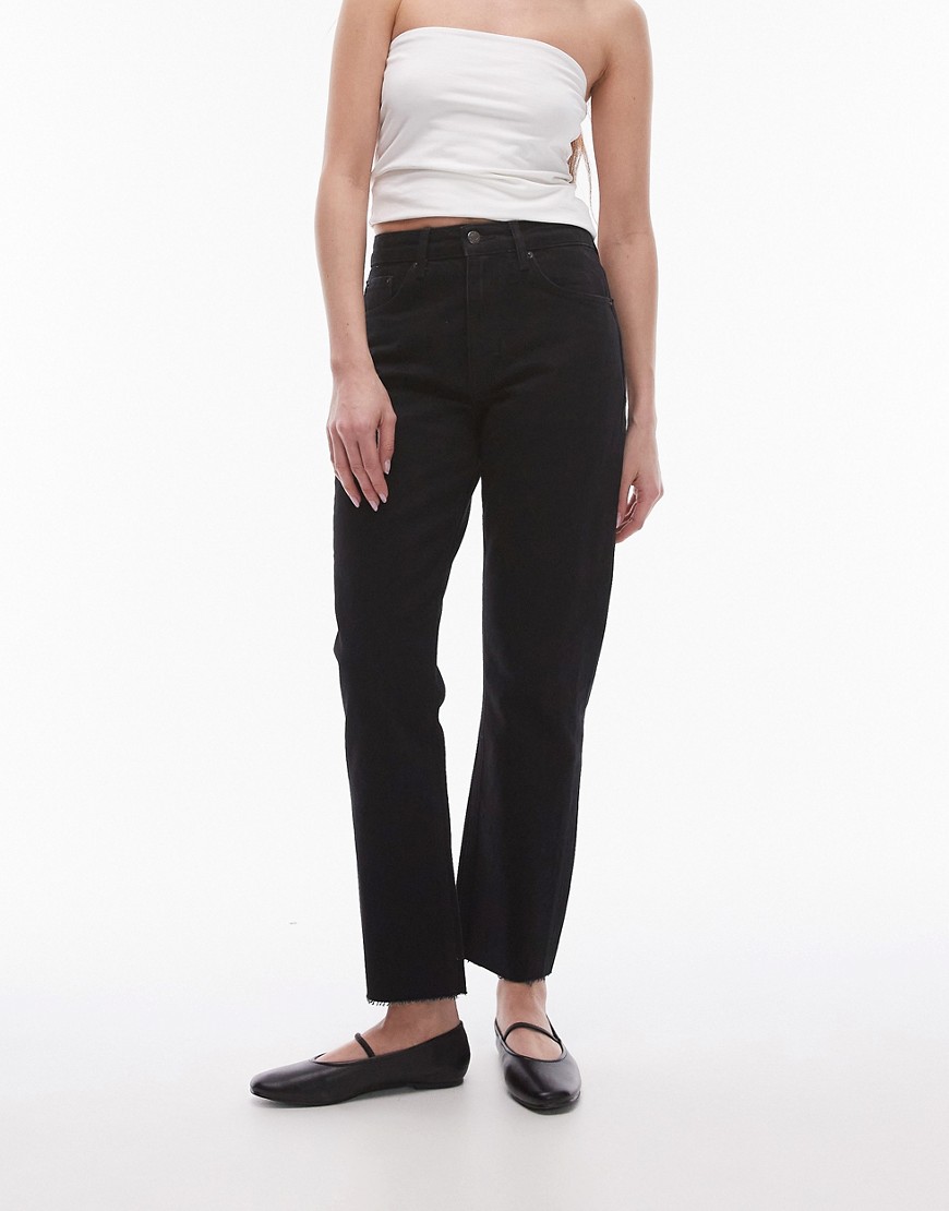 cropped mid rise straight jeans with raw hems in black