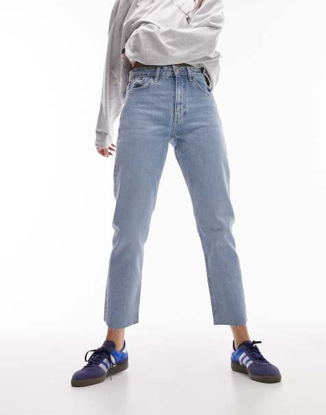 Topshop cropped mid rise straight jeans with raw hems in bleach - view 1