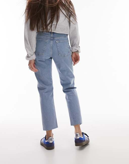 Topshop cropped mid rise straight jeans with raw hems in bleach, 4 of 5