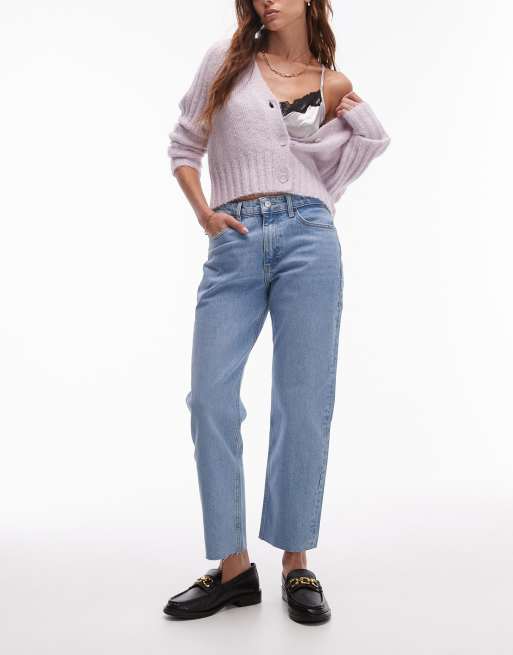  Topshop cropped mid rise straight jeans with raw hems in bleach