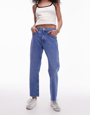 Topshop Cropped Mid Rise Straight Jeans With Raw Hems In Bright Mid Blue