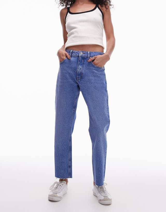 Topshop - cropped mid rise straight jeans with raw hems in bright mid blue