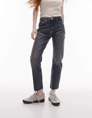 Topshop cropped mid rise straight jeans with raw hems in deep sea-Blue