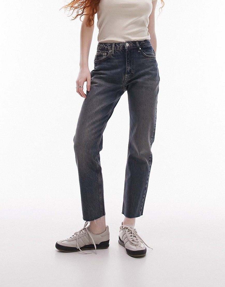 Topshop cropped mid rise straight jeans with raw hems in deep sea-Blue