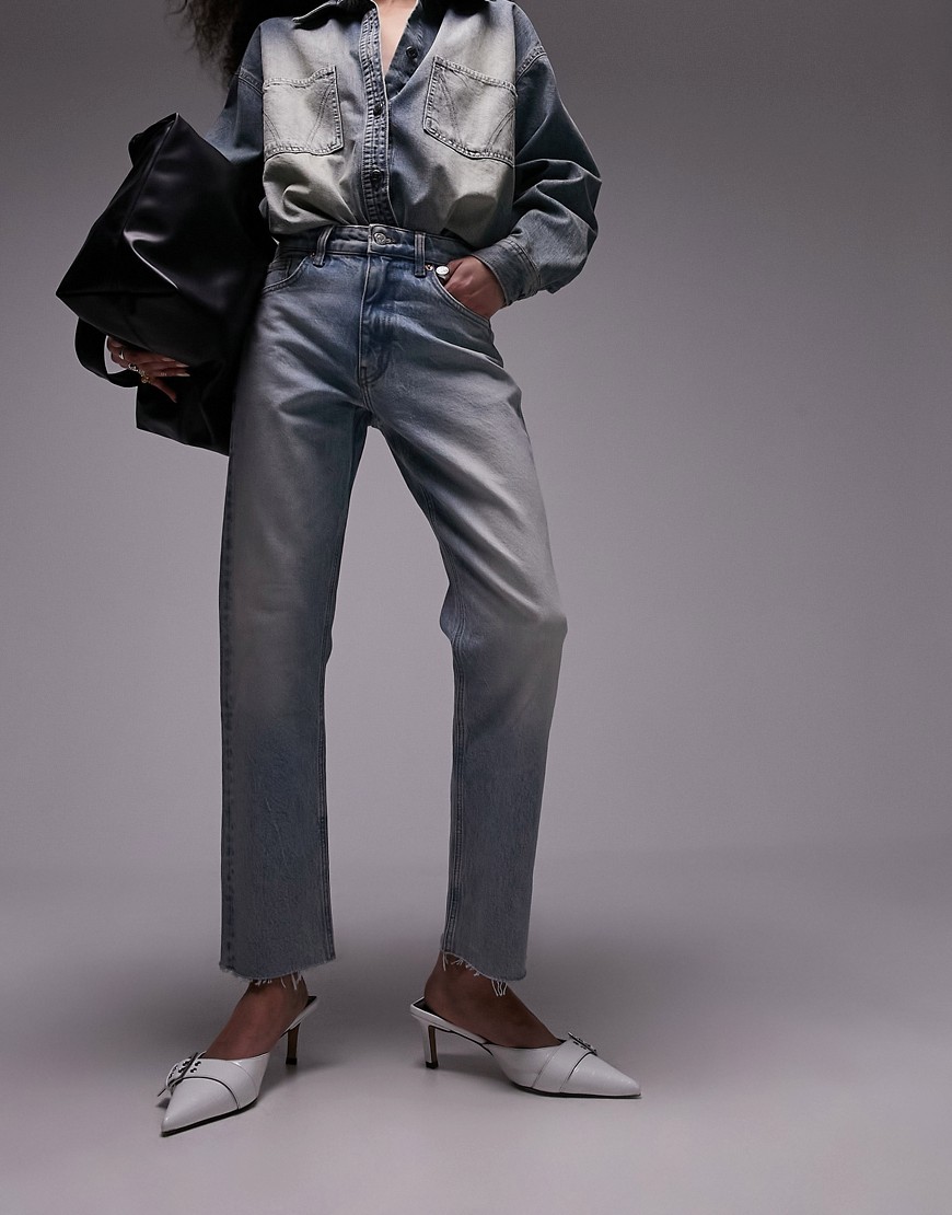 Topshop cropped mid rise straight jeans with raw hems in dirty bleach-Blue