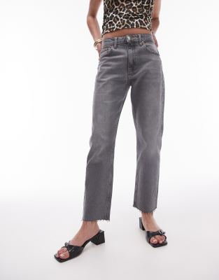 cropped mid rise straight jeans with raw hems in gray