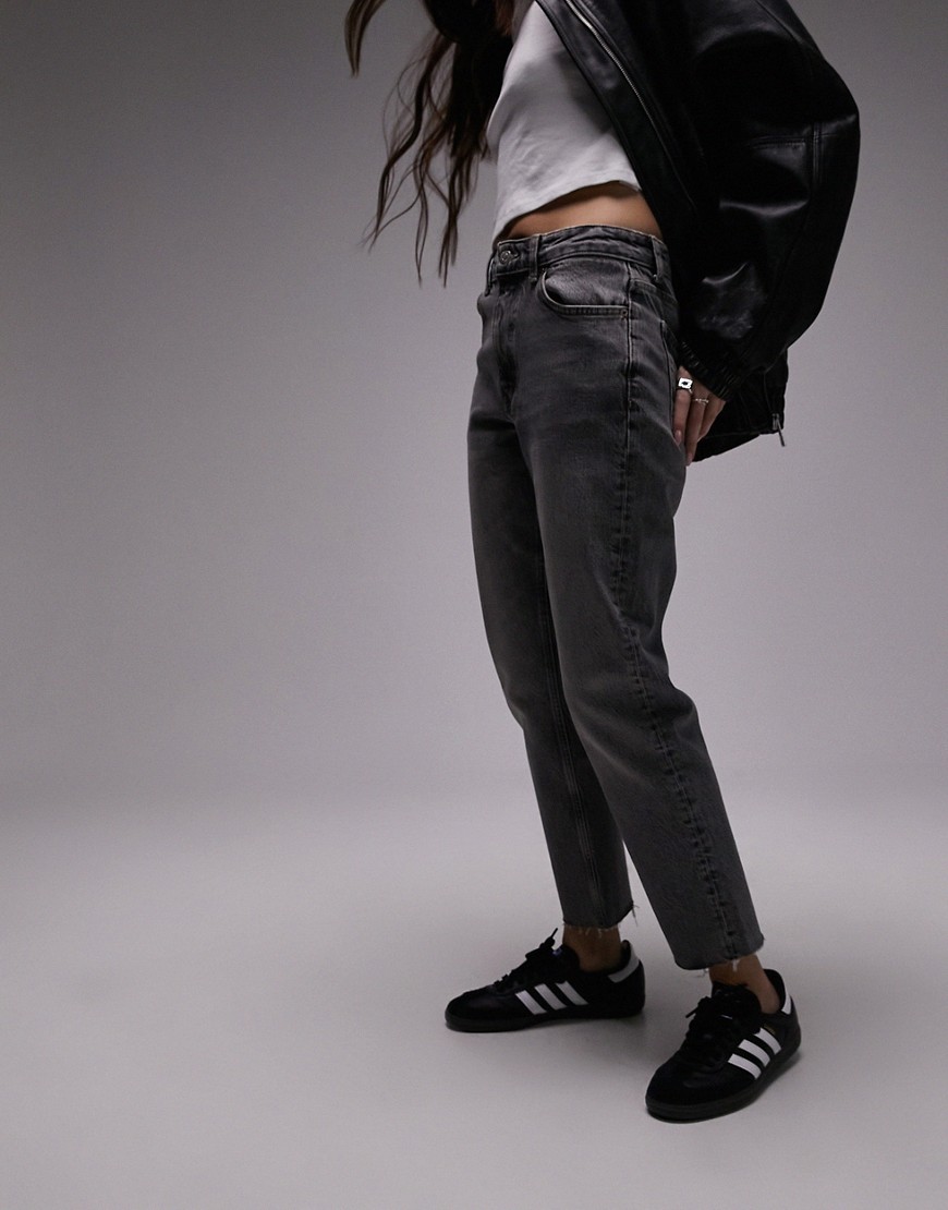 Topshop cropped mid rise straight jeans with raw hems in grey