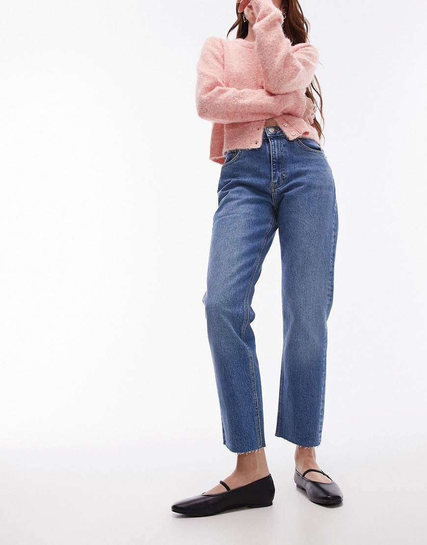 Topshop cropped mid rise straight jeans with raw hems in mid blue