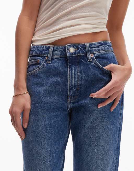 Topshop cropped mid rise straight jeans with raw hems in mid blue