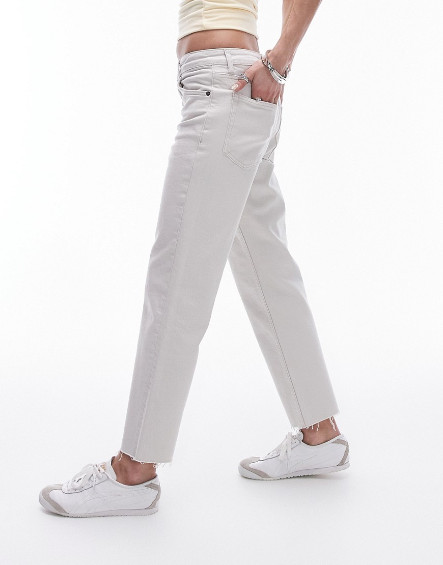 Topshop Cropped Mid Rise Straight Jeans With Raw Hems In Off White