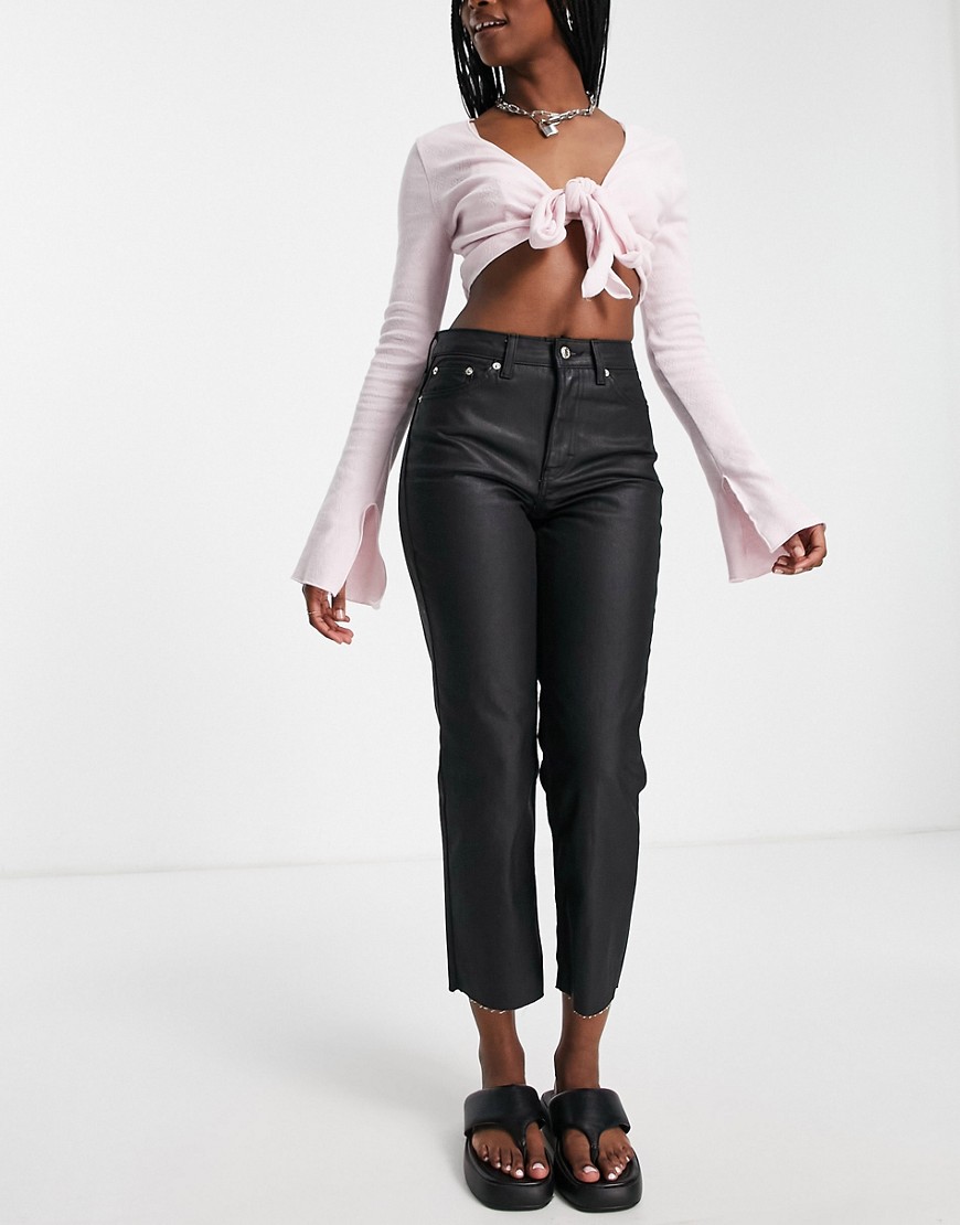 Topshop cropped mid rise with raw hems straight jean in coated black