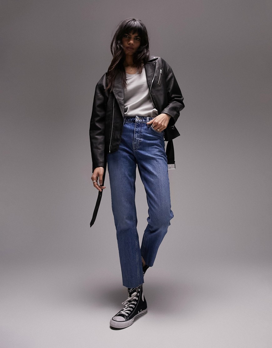 Topshop cropped mid rise easy straight jeans with raw hems in mid blue