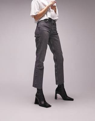 Topshop Topshop cropped mid rise with raw hems straight jeans in dark grey