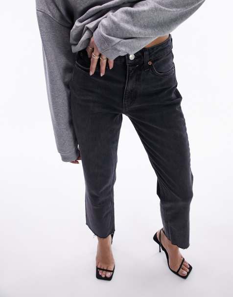 Topshop cropped mid rise with raw hems straight jeans in washed black - view 1