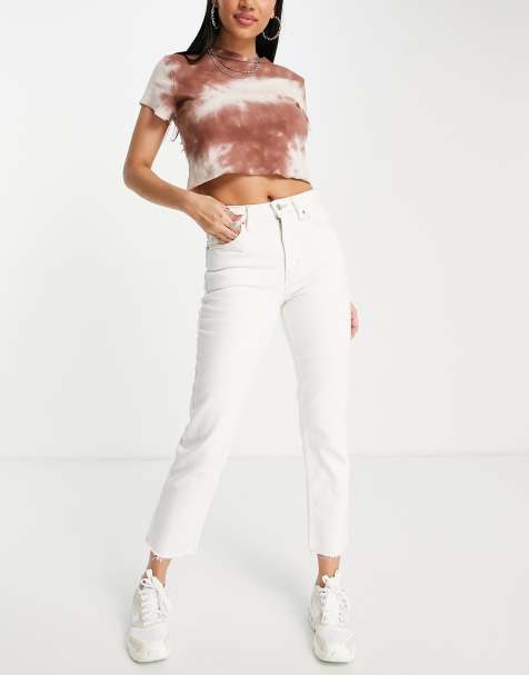 Topshop cropped mid rise with raw hems straight jeans in white - view 1