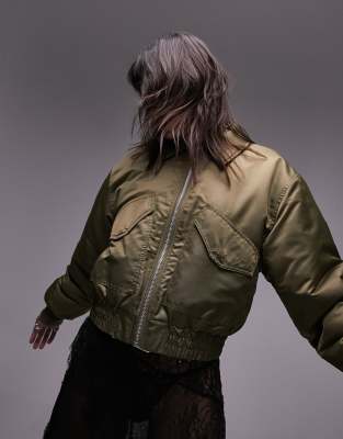 Topshop cropped nylon bomber jacket in khaki-Green