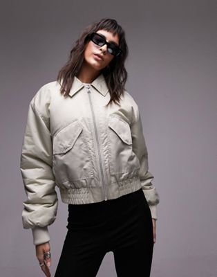 Topshop cropped nylon bomber jacket in taupe
