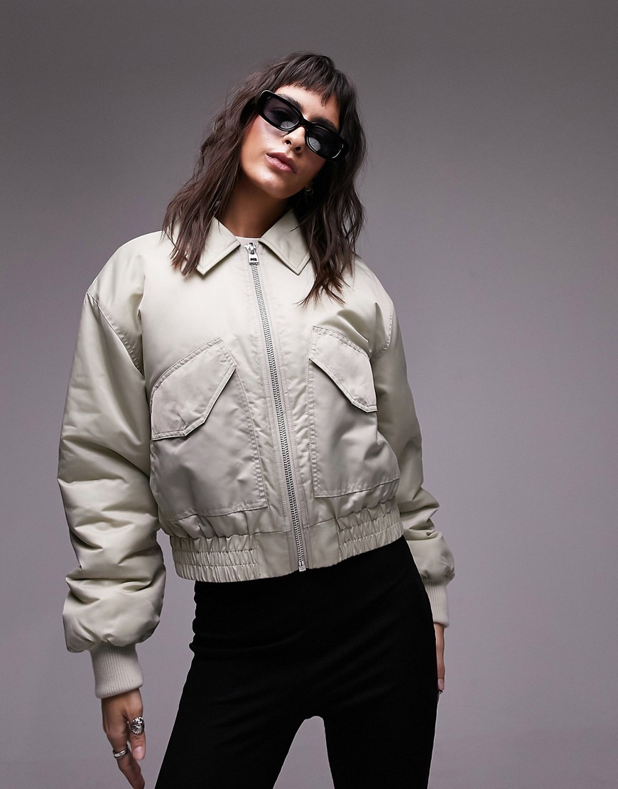 Topshop Cropped Nylon Bomber Jacket In Taupe-neutral