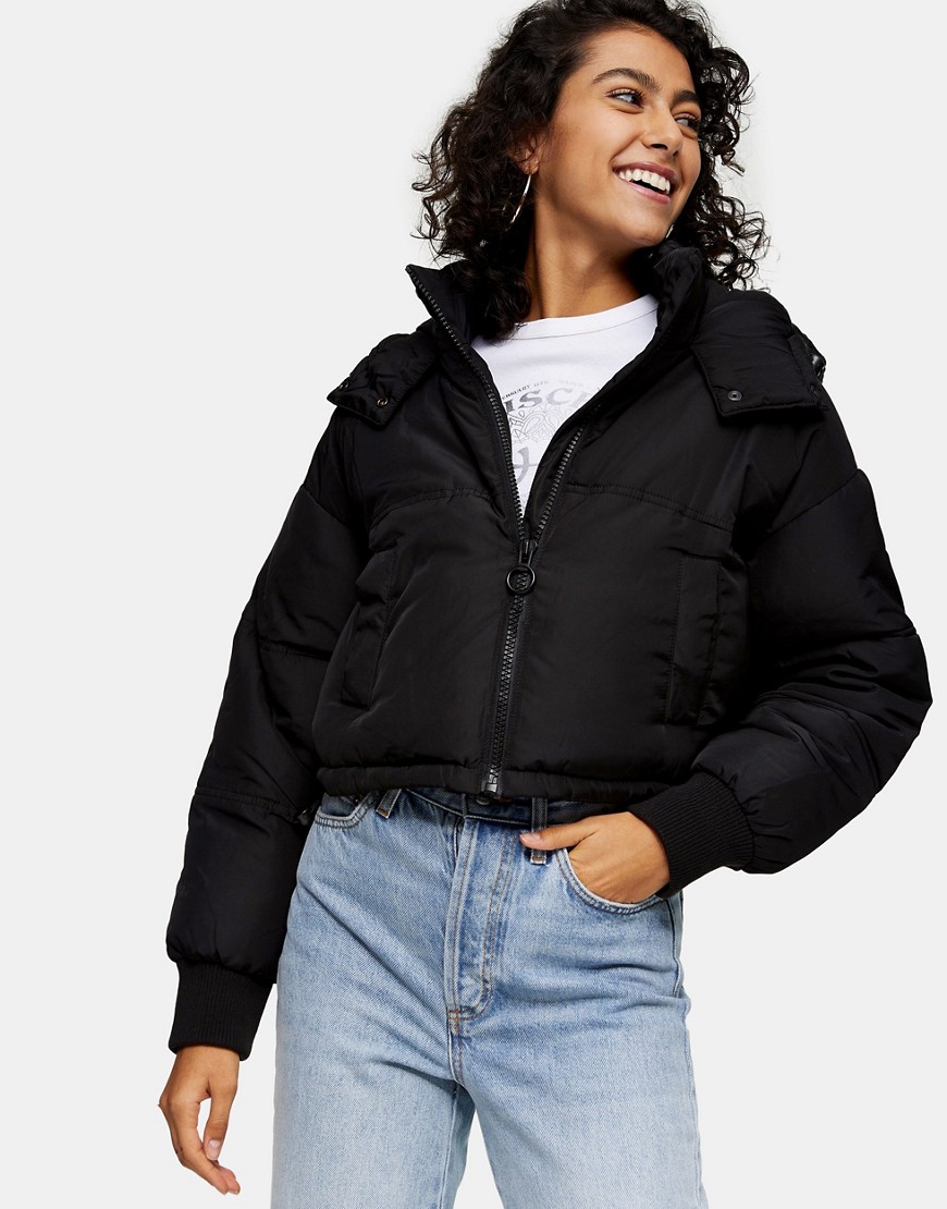 Topshop cropped padded jacket with hood in black