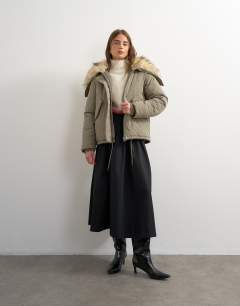 Cropped parka with faux fur hood in khaki
