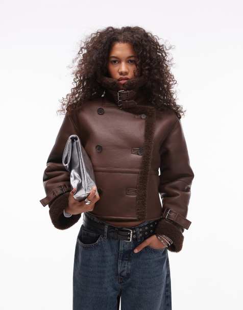 Topshop - Cropped pilotenjack van imitatieleer met imitatieschapenvacht in chocoladebruin - view 1