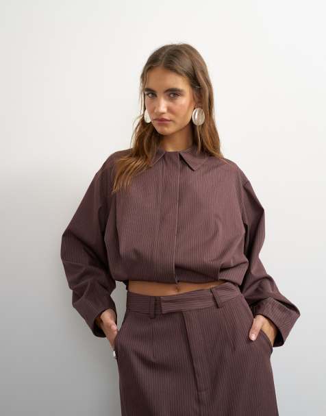 Topshop cropped pinstripe bomber jacket co-ord in chocolate - view 1