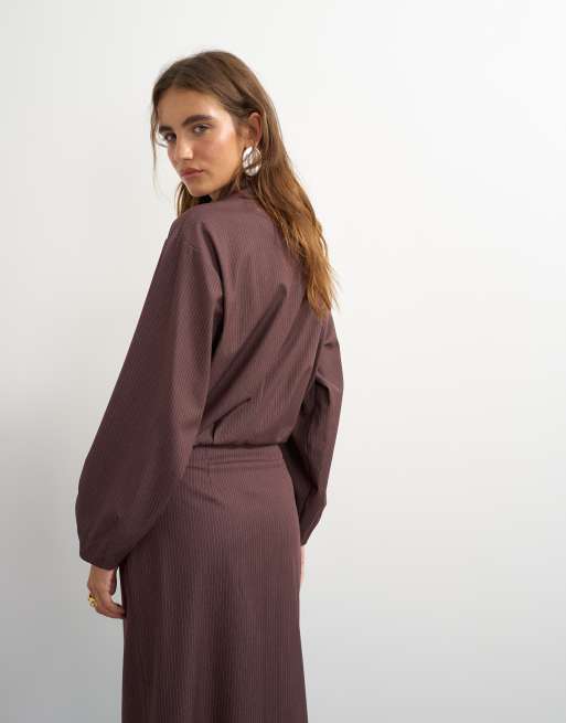Topshop cropped pinstripe bomber jacket co-ord in chocolate, 3 of 4