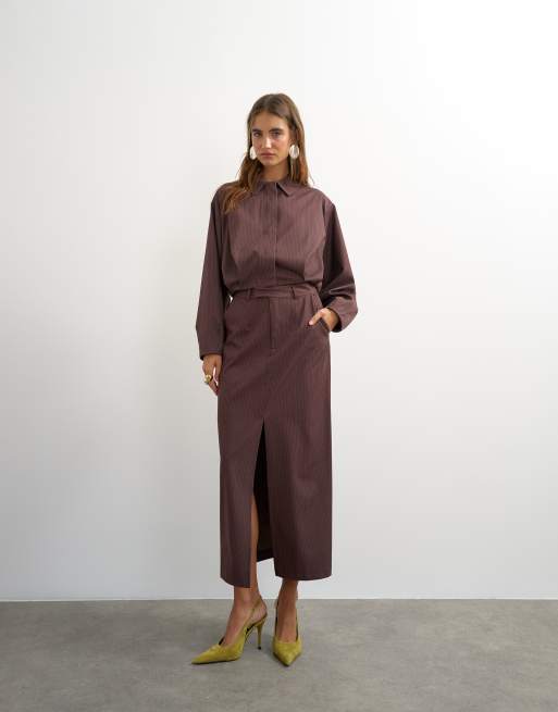 Topshop cropped pinstripe bomber jacket in chocolate (Part of a set), 2 of 4