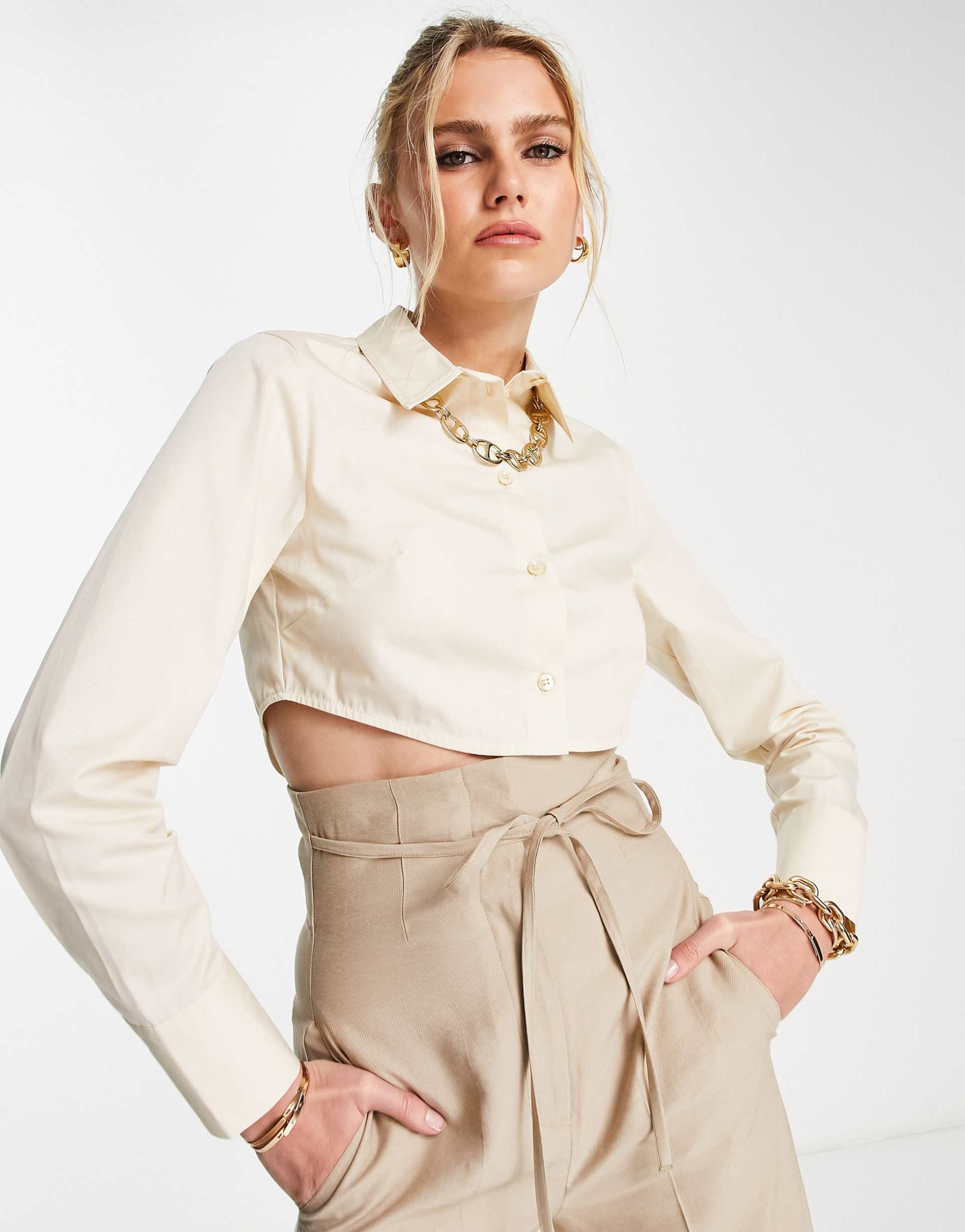 topshop cropped poplin shirt in camel