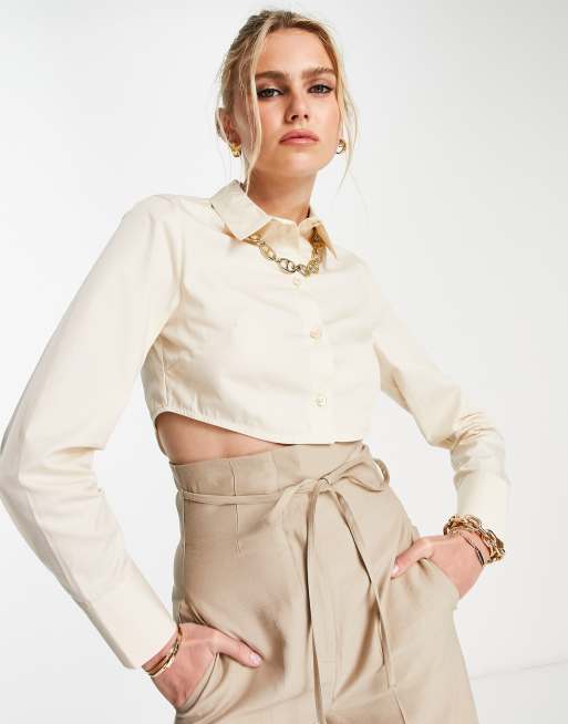 Topshop cropped poplin shirt in camel