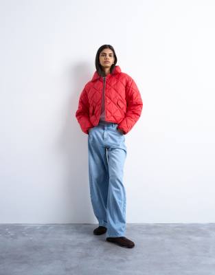 Topshop Cropped Quilted Liner Jacket In Red
