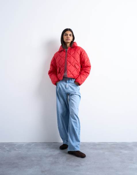 Topshop cropped quilted liner jacket in red - view 1