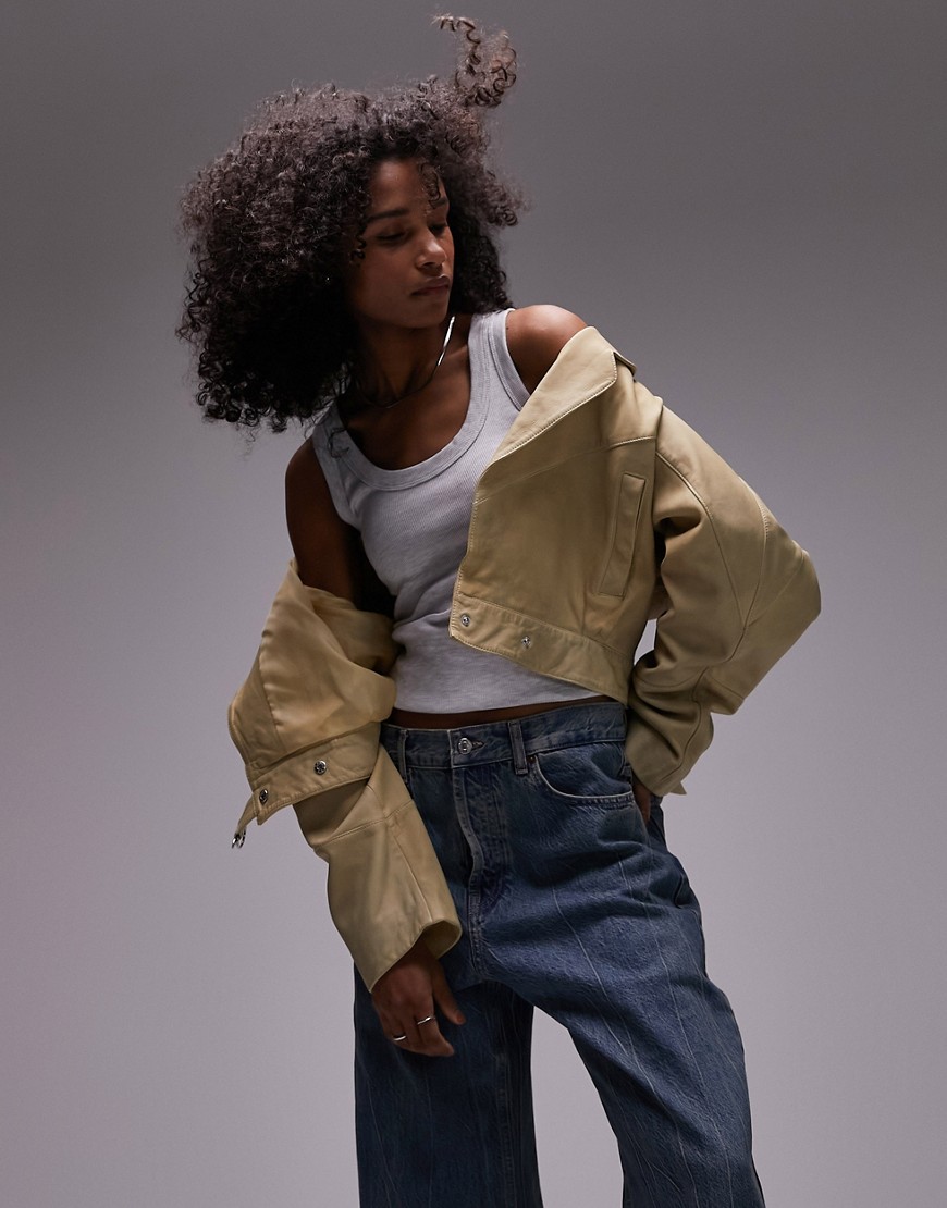 Topshop Cropped Real Leather Jacket In Vanilla-yellow