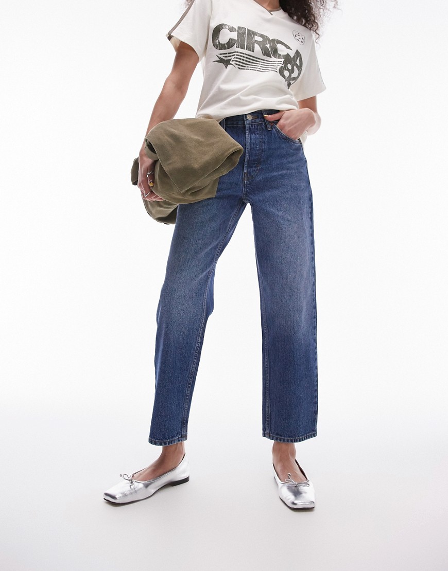 Topshop Cropped Runway Jeans In Mid Blue
