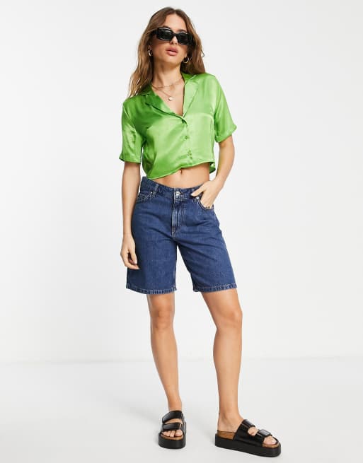 Topshop - Cropped satijnen overhemd met korte mouwen in groen, 3 van 4