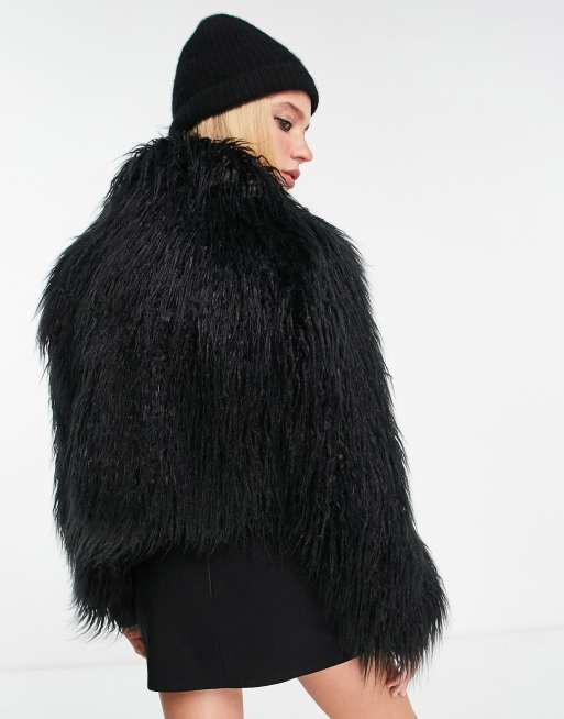 Topshop cropped shaggy faux fur coat in black