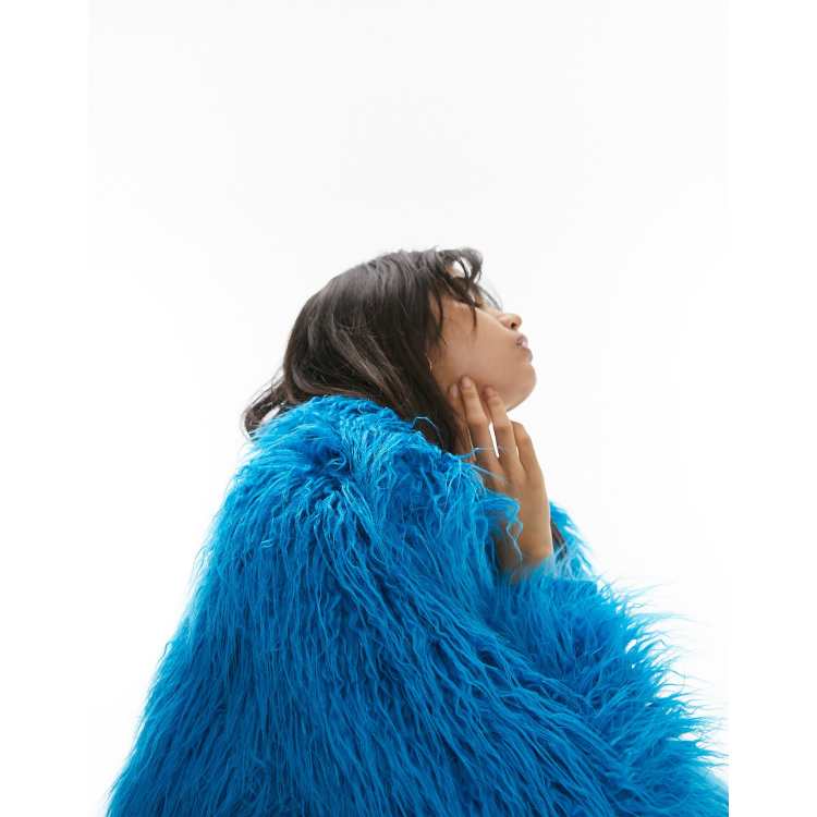 Topshop cropped shaggy faux fur jacket in bright blue