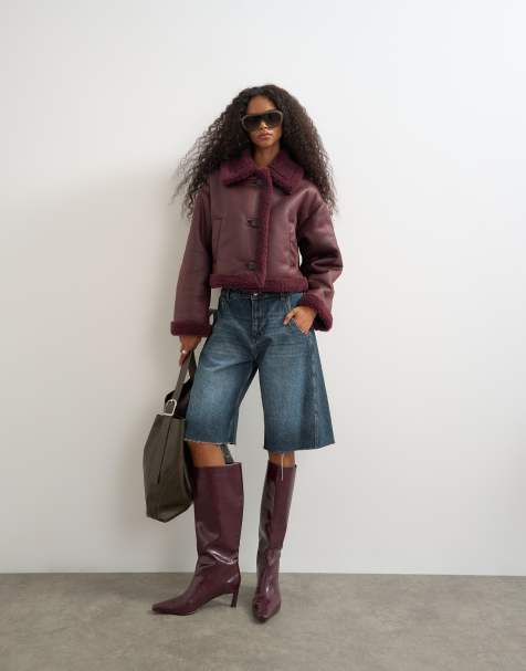 Topshop cropped shearling jacket in burgundy - view 1