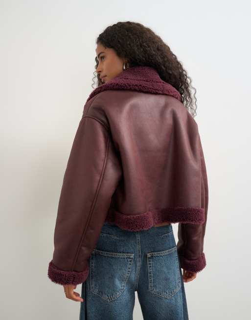 Topshop cropped shearling jacket in burgundy, 4 of 4