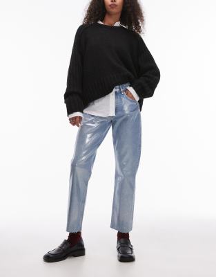 cropped silver foil mid rise straight jeans in bleach-Blue