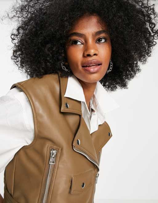 Topshop cropped sleeveless biker jacket in brown ASOS